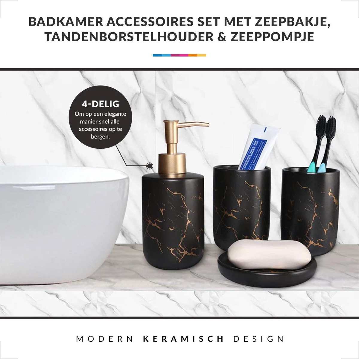 Badkamer Accessoires Set – Tandenborstelhouder –Zeeppompje Zeepbakje – Keramiek Met Marmer Design – Zwart - Afbeelding 3