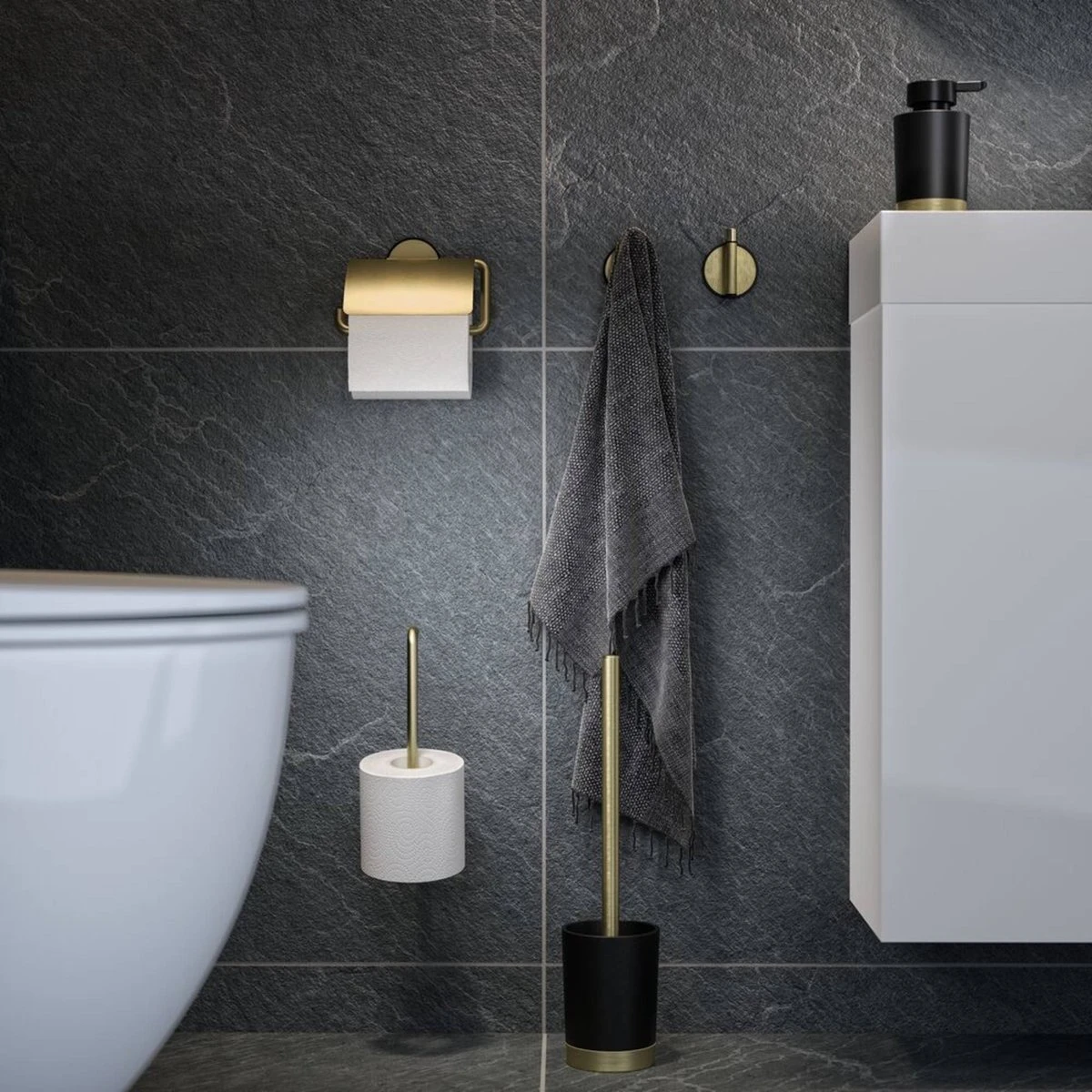 Tiger Tune Toiletaccessoires 3st. Incl. WC/Toilet Borstel, Rolhouder & Handdoekhaak - Messing/Zwart - Afbeelding 6