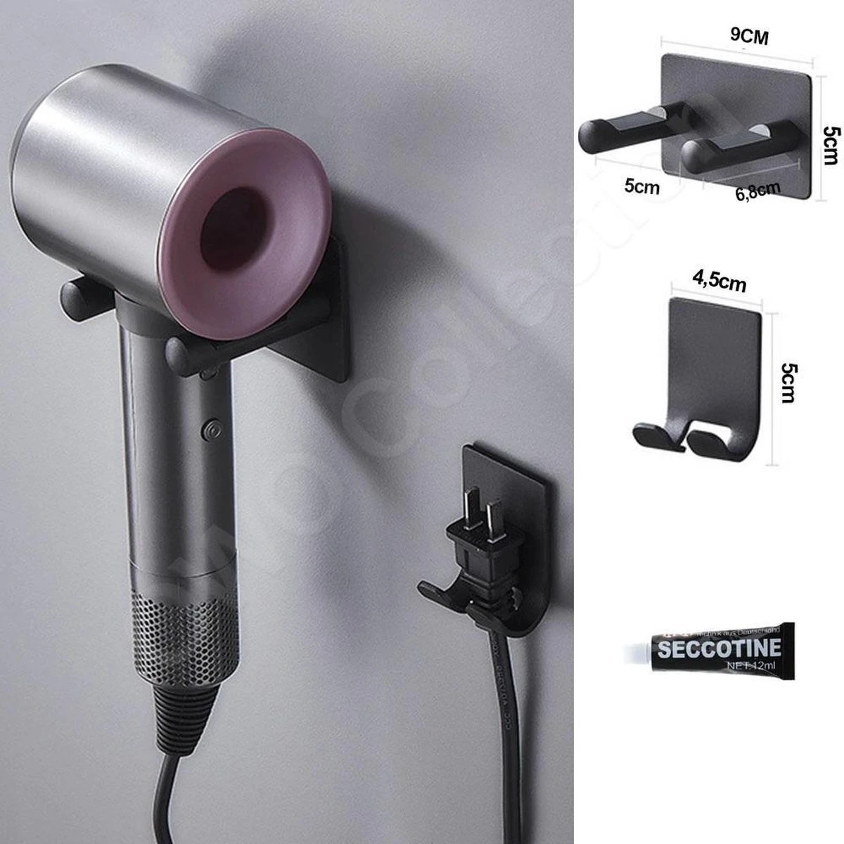 OWO - Muurbeugel Houder RVS Met Stekker Houder Geschikt Voor Dyson Supersonic Haardroger HD01 Föhn - Zwart