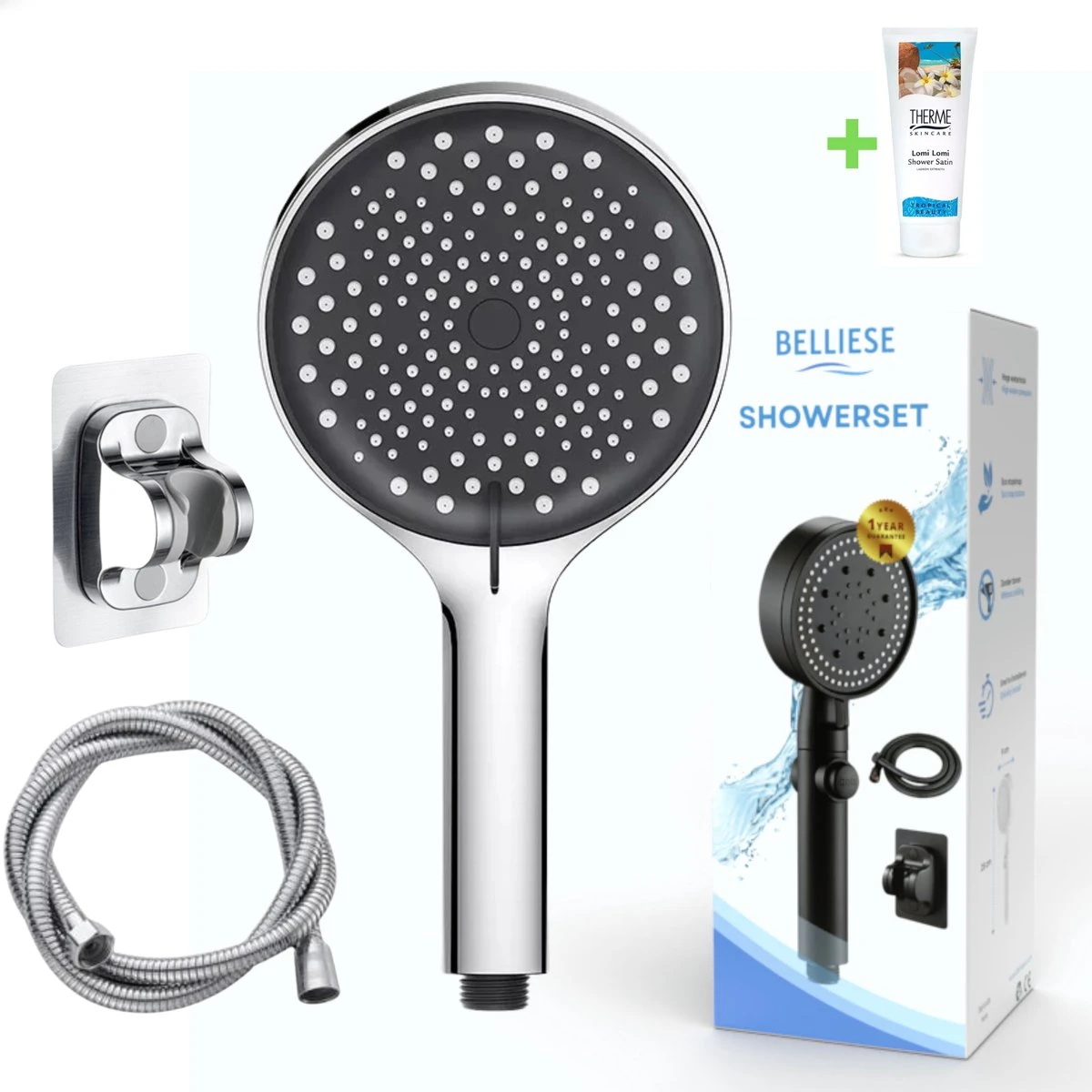 Belliese Doucheset Wellness- Douchekop - Doucheslang - Douchekophouder - Douchekop Met Slang - Waterbesparende Douchekop - Badkamer Accessoires - Montage Zonder Boren - 3 Standen - Zilver