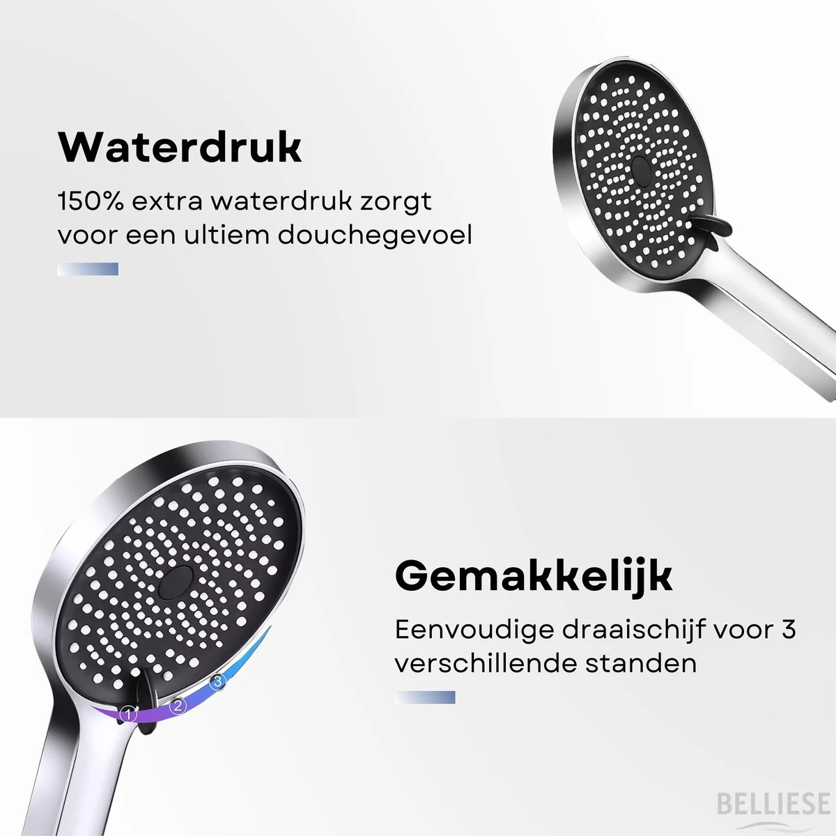 Belliese Doucheset Wellness- Douchekop - Doucheslang - Douchekophouder - Douchekop Met Slang - Waterbesparende Douchekop - Badkamer Accessoires - Montage Zonder Boren - 3 Standen - Zilver - Afbeelding 4