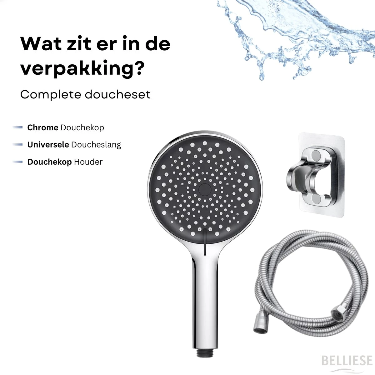Belliese Doucheset Wellness- Douchekop - Doucheslang - Douchekophouder - Douchekop Met Slang - Waterbesparende Douchekop - Badkamer Accessoires - Montage Zonder Boren - 3 Standen - Zilver - Afbeelding 10