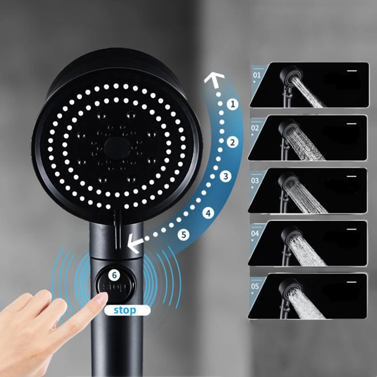 Waterbesparende Douchekop - Hoofddouche - Regendouche - Met ECO STOP Knop - 5 Standen - ABS - Zwart - Afbeelding 4