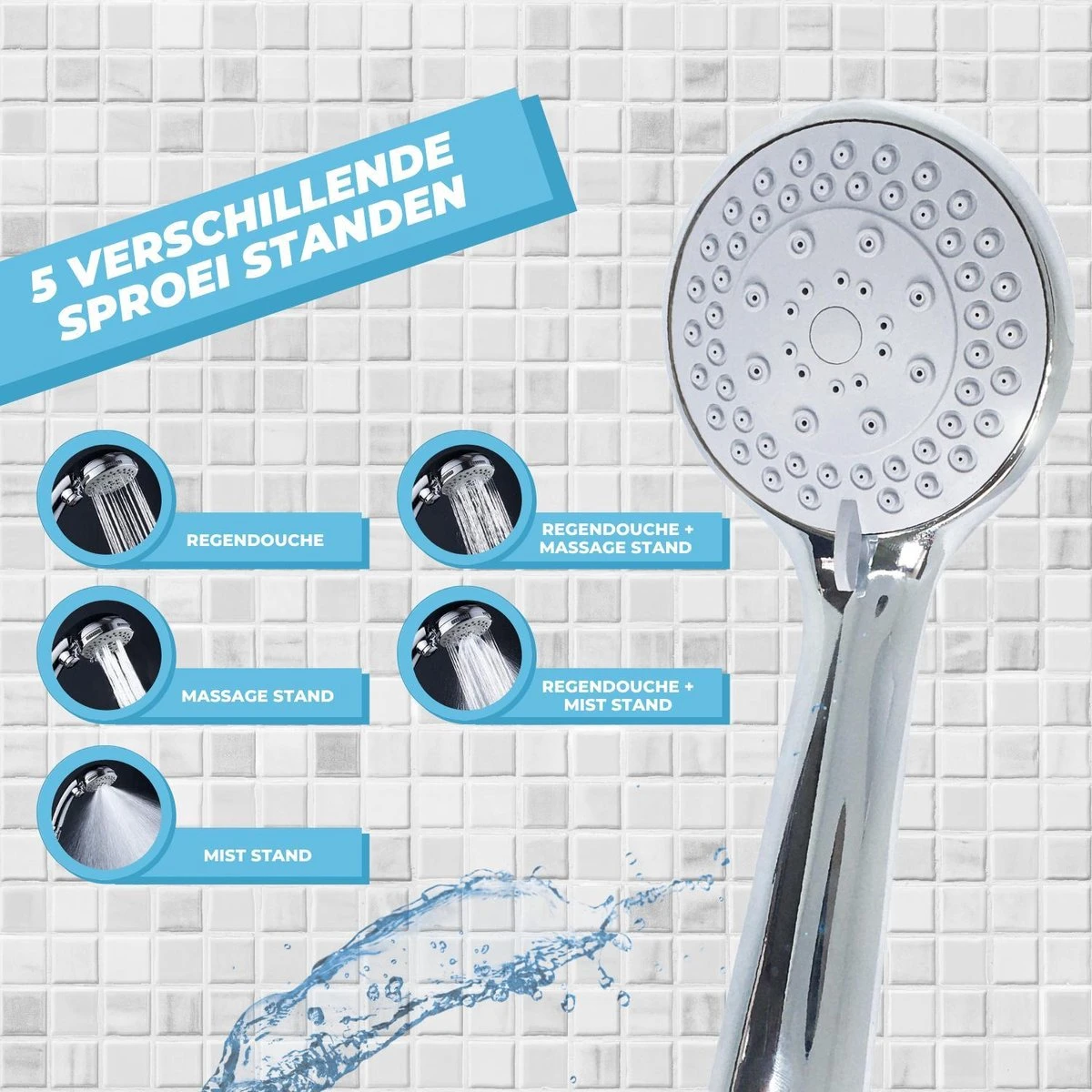 Douchekop Met Slang - Universeel - 5 Luxe Straalstanden - Chroom En RVS - Incl. Wandhouder - Afbeelding 2