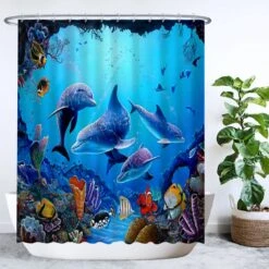 Ulticool Douchegordijn - Dolfijn Zee Vissen Aquarium - 180 X 200 Cm - Semi Transparant - Met 12 Ringen Wit - Anti Schimmel - Blauw