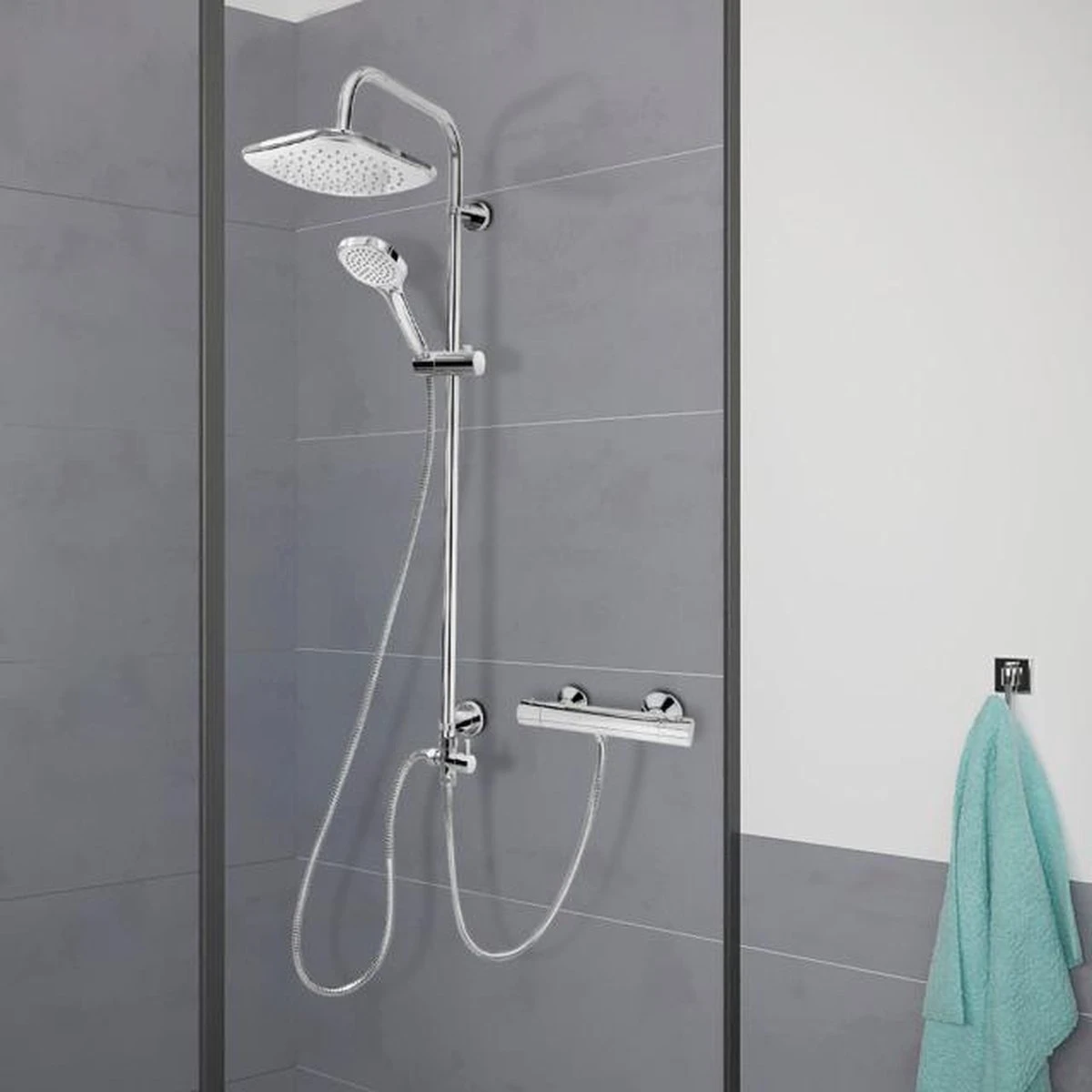 Cornat® SQUARE NEO - Roestvrij Staal Doucheset – Industrieel - Hoofd- En Handdouche - Douchesysteem - Waterbesparend – Reno Functie - Afbeelding 3