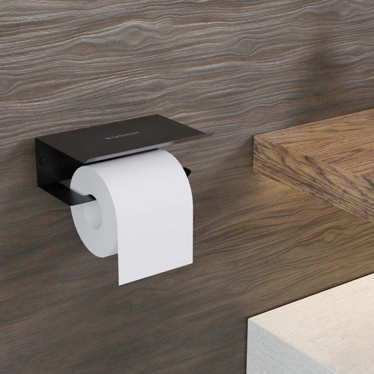 Westerhof Premium Wc Rolhouder Zwart Zonder Boren - Met Plankje - 3M Plakstrip En Schroef Set - Afbeelding 6