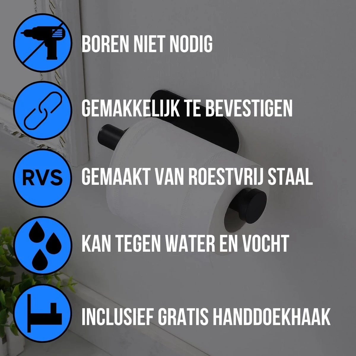 Toiletrolhouder Inclusief Handdoekhaak - Zonder Boren - Zelfklevend - Zwart - Staand - Afbeelding 2