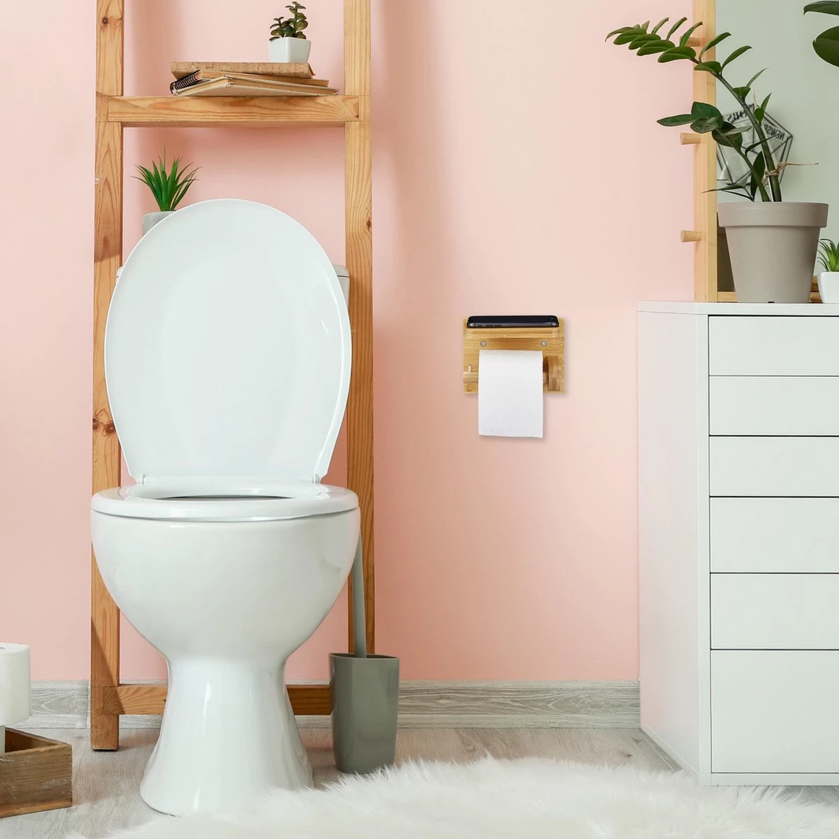 Relaxdays Toiletrolhouder Met Plankje - Wc-rolhouder Bamboe - Rolhouder Toilet - Hout - Afbeelding 2