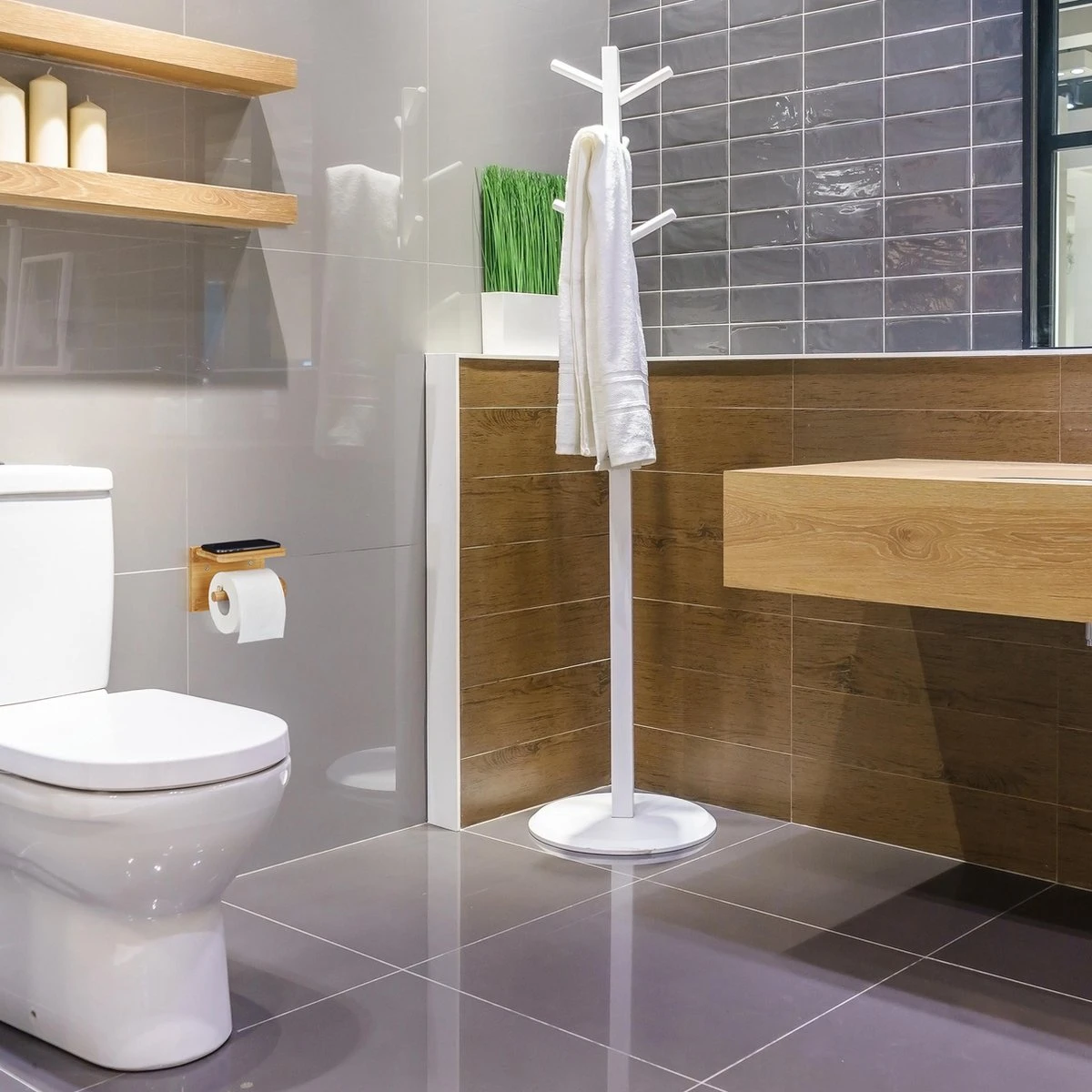 Relaxdays Toiletrolhouder Met Plankje - Wc-rolhouder Bamboe - Rolhouder Toilet - Hout - Afbeelding 6