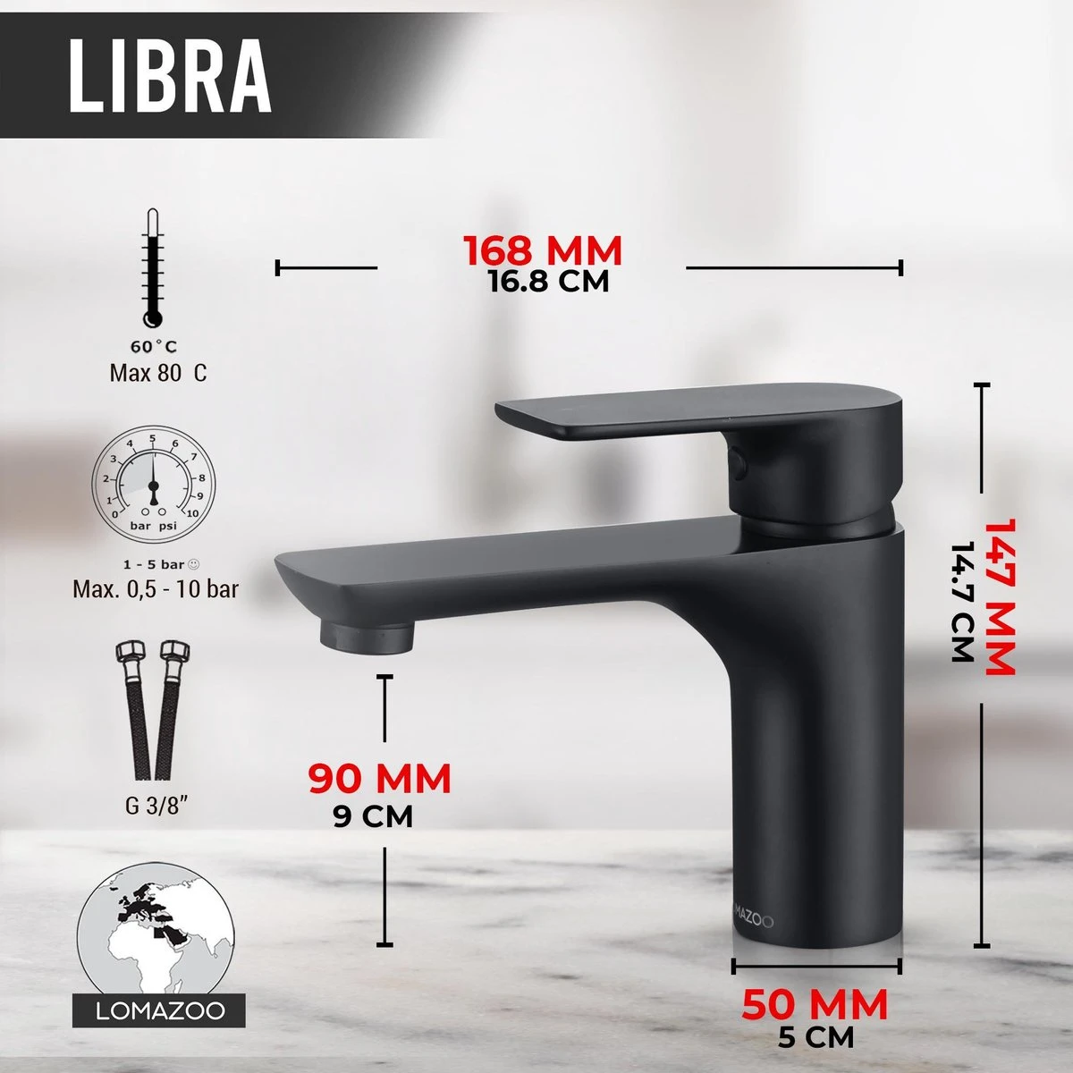 LOMAZOO Wastafelkraan Zwart Libra - Zwarte Wastafelkraan - Badkamerkraan Zwart - Zwarte Badkamerkraan - Afbeelding 2