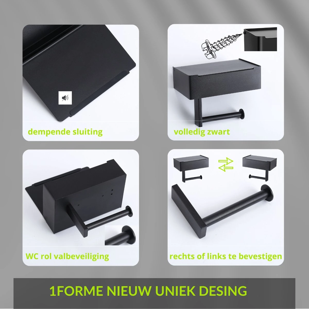 1FORME | Toiletrolhouder | WC-rolhouder | Met Plankje / Plateau | Met Opbergvak Vochtige Doekjes | RVS Zwart | Met Of Zonder Boren | - Afbeelding 7