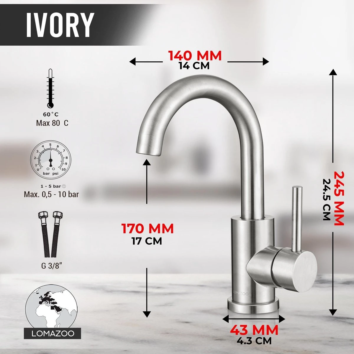 LOMAZOO Wastafelkraan Ivory - Mengkraan Wastafel - Kraan Badkamer - Wastafelmengkraan RVS - Afbeelding 2
