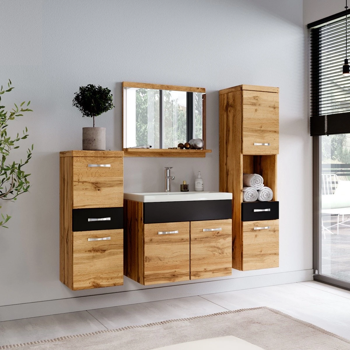 Badmeubelset Alba 60cm Zwart Met Eiken Compleet Badkamermeubel - Afbeelding 5