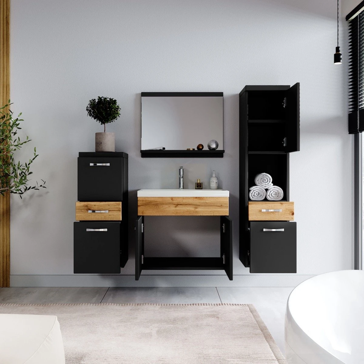 Badmeubelset Alba 60cm Zwart Met Eiken Compleet Badkamermeubel - Afbeelding 6