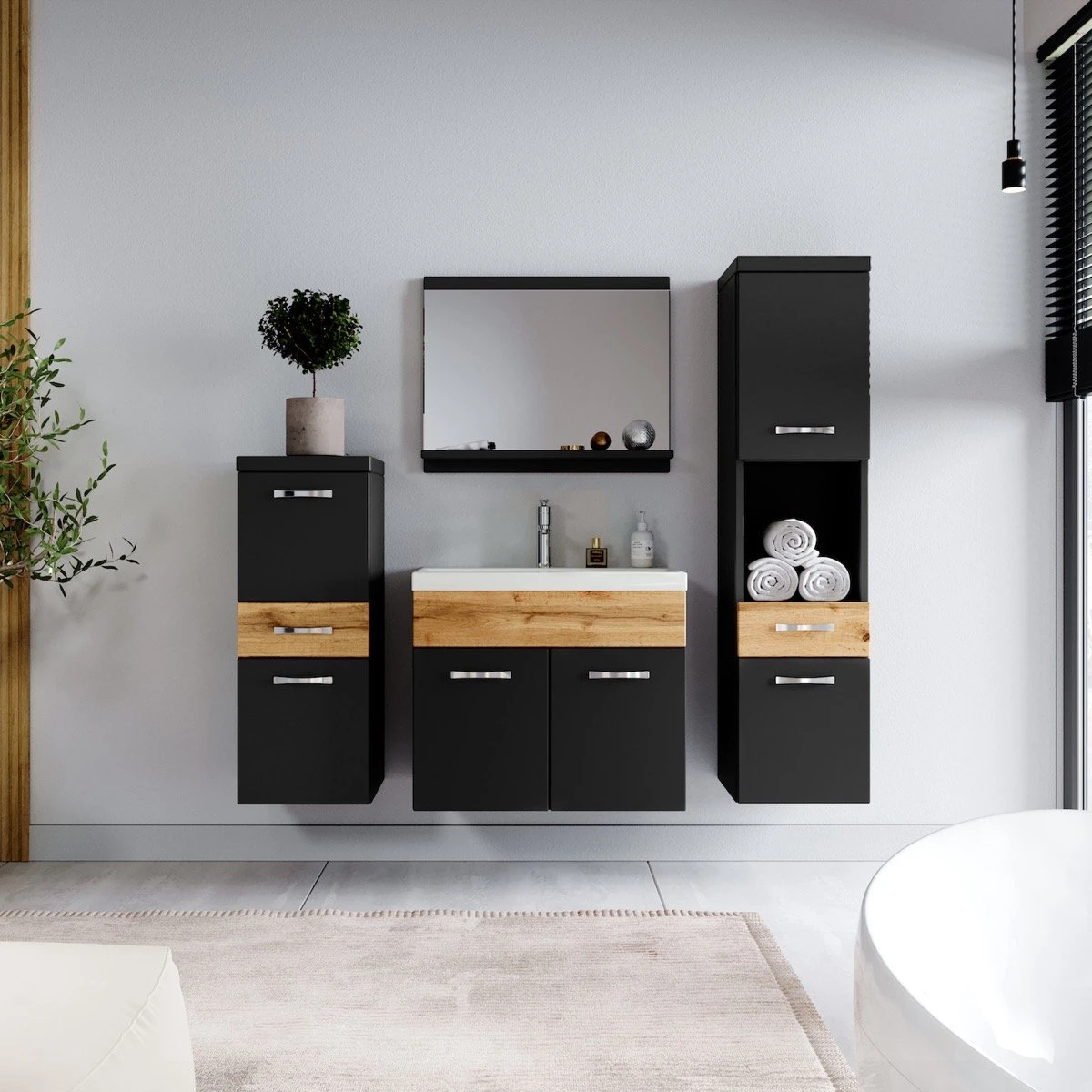 Badmeubelset Alba 60cm Zwart Met Eiken Compleet Badkamermeubel - Afbeelding 7