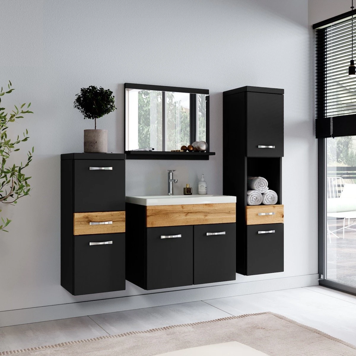 Badmeubelset Alba 60cm Zwart Met Eiken Compleet Badkamermeubel - Afbeelding 8