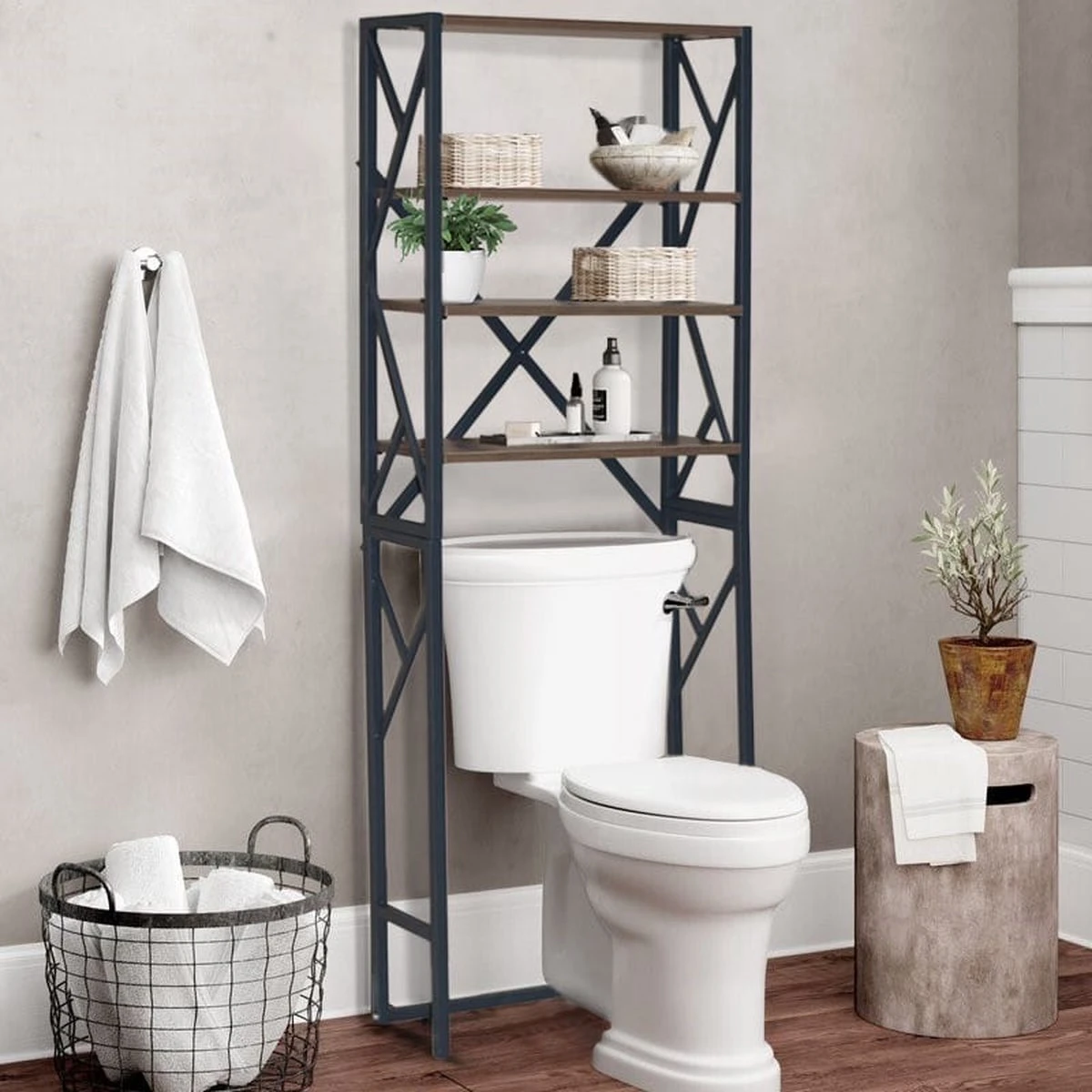 Homestic© - Ruimtebesparende Toiletmeubel - WC Plank, Badkamerplank Met 4 Open Vakken - Industrieel RVS Badkamermeubel - Zwart Staal / Hout - 170x54x24 CM - Afbeelding 3
