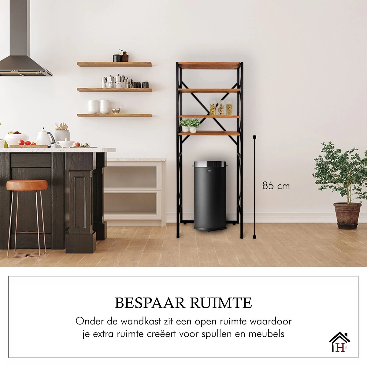 Homestic© - Ruimtebesparende Toiletmeubel - WC Plank, Badkamerplank Met 4 Open Vakken - Industrieel RVS Badkamermeubel - Zwart Staal / Hout - 170x54x24 CM - Afbeelding 7