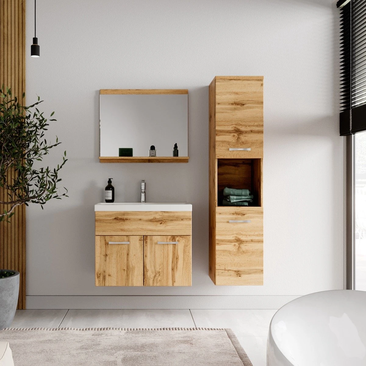 Badplaats Badkamermeubel Set Montreal 60 Cm X 35 Cm - Eiken - Badmeubel Met Spiegel En Zijkast - Afbeelding 5