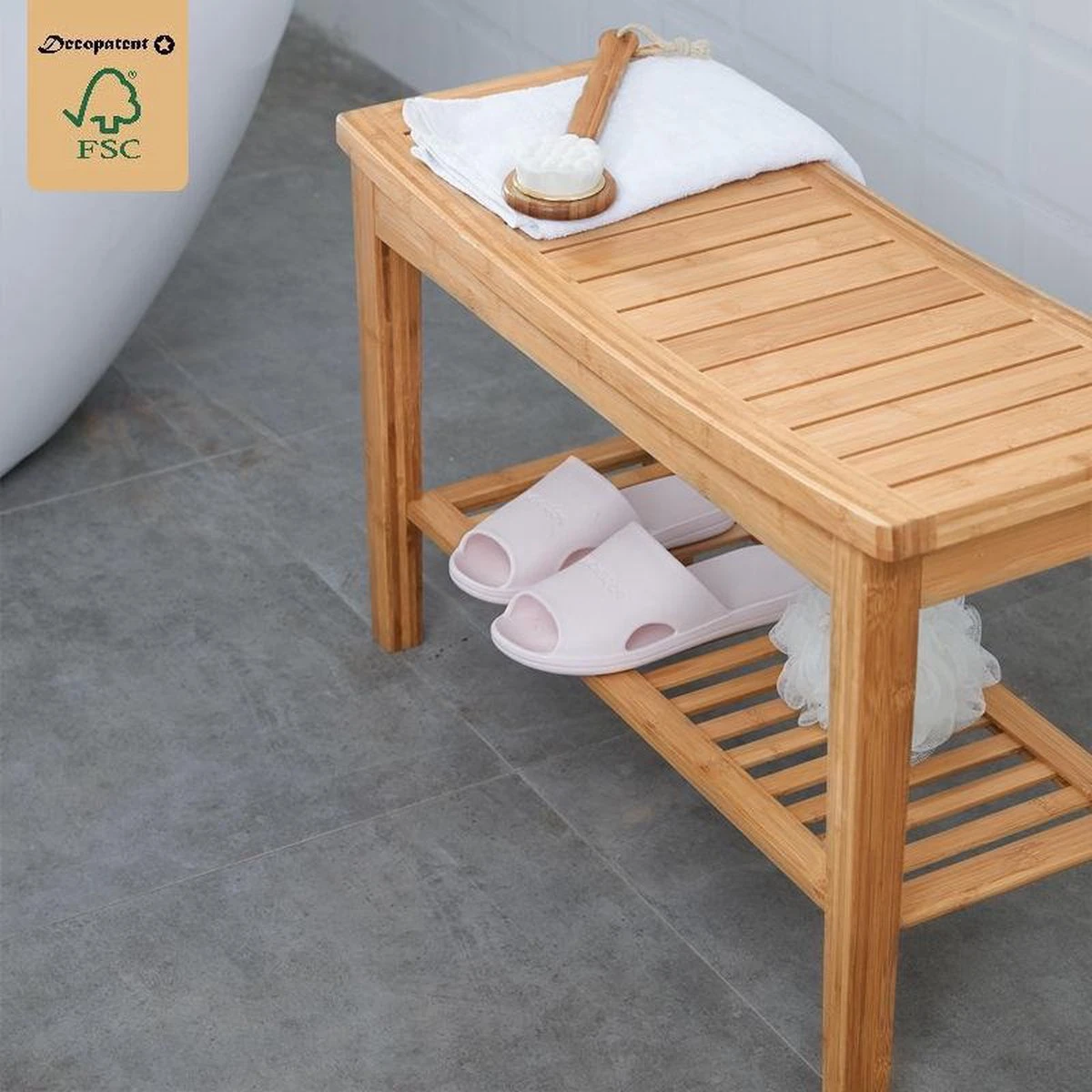 Merkloos Decopatent® Stevig Badkamerbankje - Handig Als Badkamerkruk - Bamboe Hout - Afbeelding 5