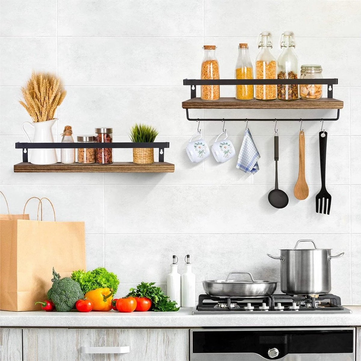 Zwevende Wandplank - 2 Stuks - 40cm - Handdoekhouder En 8 Haakjes - Badkamerplank Decoratieve Muur Opbergplanken Voor Badkamer Slaapkamer, Woonkamer, Keuken Plank - Afbeelding 6