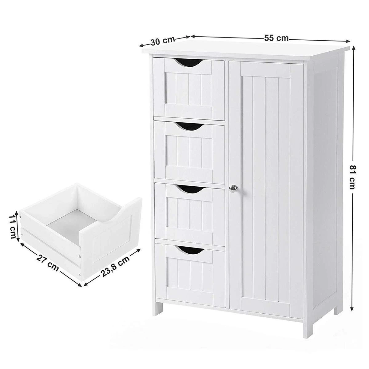 Badkamer Kolom Kast Met 4 Lades En Kastje - Verstelbaar Binnenin - 55x30x81cm - MDF - Wit - Afbeelding 7
