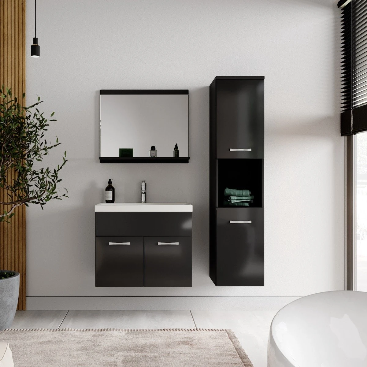 Badplaats Badkamermeubel Set Montreal 60 Cm X 35 Cm - Zwart Hoogglans - Badmeubel Met Spiegel En Zijkast - Afbeelding 5