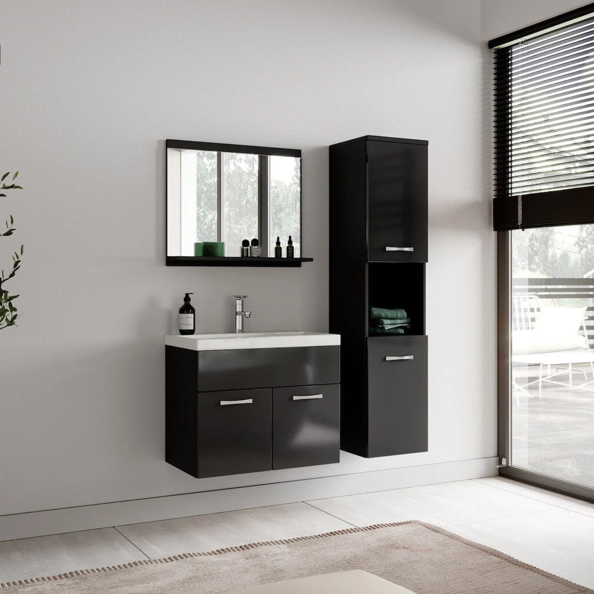 Badplaats Badkamermeubel Set Montreal 60 Cm X 35 Cm - Zwart Hoogglans - Badmeubel Met Spiegel En Zijkast - Afbeelding 6