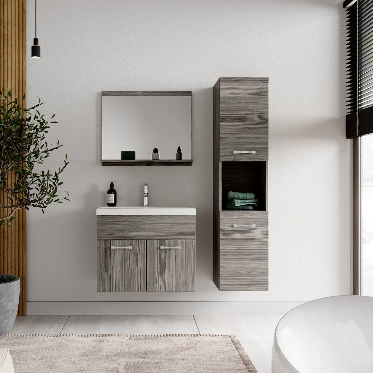 Badplaats Badkamermeubel Set Montreal 60 Cm X 35 Cm - Grijs Eiken - Badmeubel Met Spiegel En Zijkast - Afbeelding 3