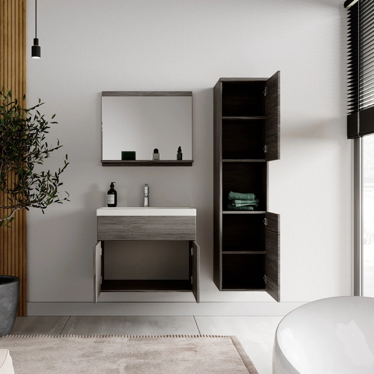 Badplaats Badkamermeubel Set Montreal 60 Cm X 35 Cm - Grijs Eiken - Badmeubel Met Spiegel En Zijkast - Afbeelding 5