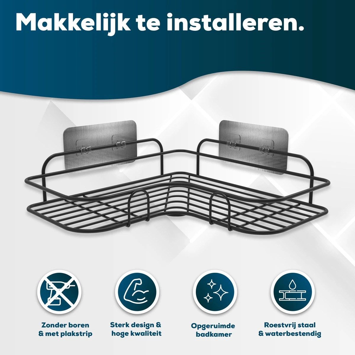 Via Fectio® Doucherek Zonder Boren - Badkameraccessoires - Hangend - Zwart - RVS - 26,5x26,5x6cm - Afbeelding 3