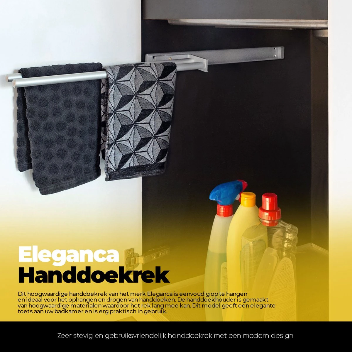 Eleganca Handdoekrek – Handdoekhouder Keuken – Handdoekstang – Ideaal Voor In Keukenkastjes – 44cm Uittrekbaar – 2 Armen – Handdoekrek Badkamer – Inclusief Bevestigingsmateriaal – Hoge Kwaliteit Aluminium – Zilver - Afbeelding 5
