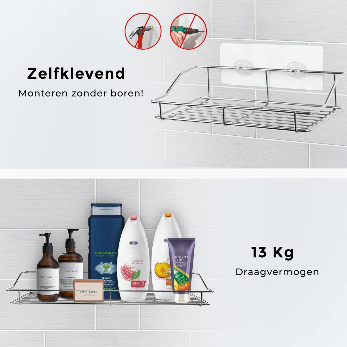 LifeGoods Zelfklevend Doucherek - 2 Stuks - Hangend Badkamer Rekje - Zonder Boren En Schroeven - RVS - Afbeelding 2