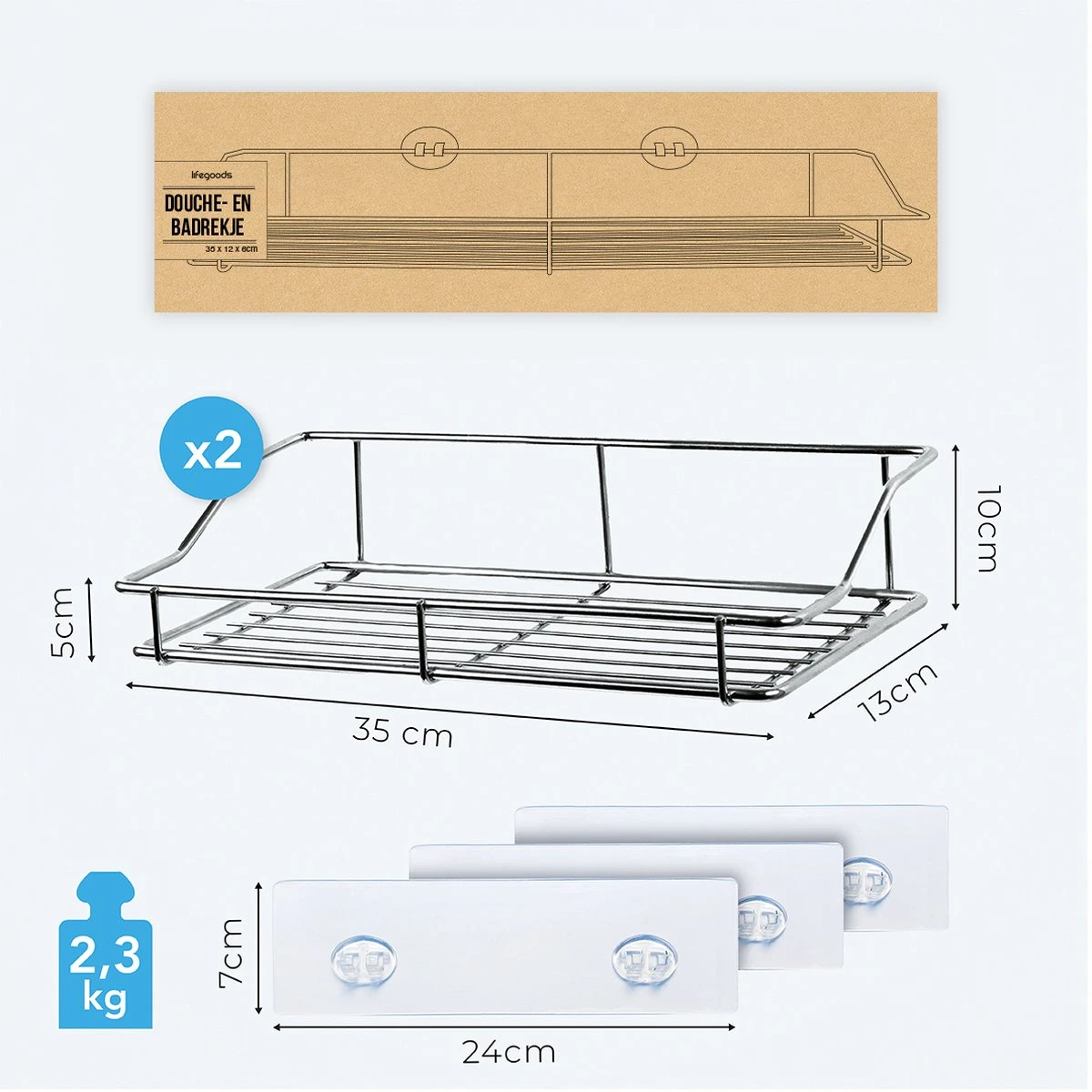LifeGoods Zelfklevend Doucherek - 2 Stuks - Hangend Badkamer Rekje - Zonder Boren En Schroeven - RVS - Afbeelding 7