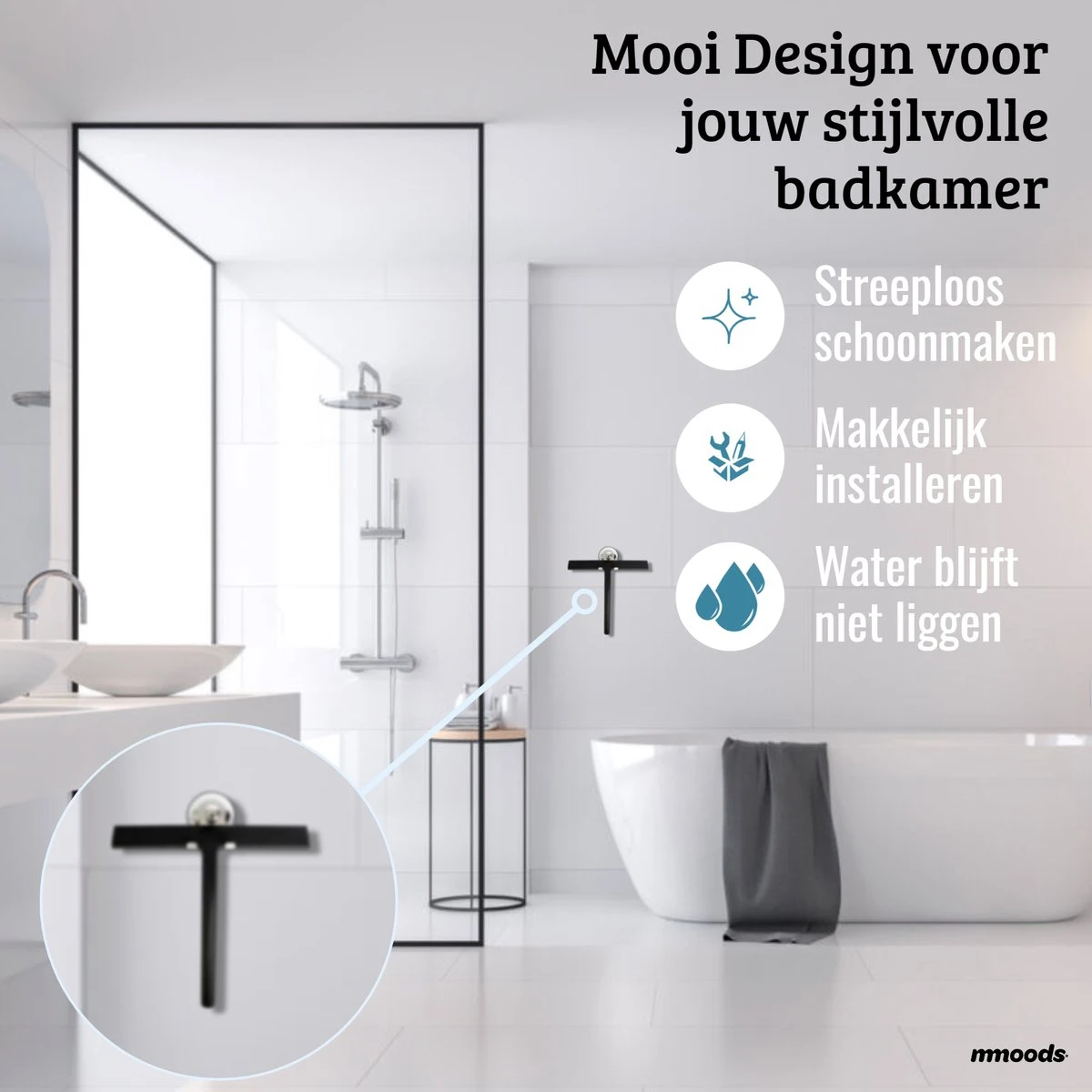 Mmoods Douchewisser Zwart - Douche Trekker Met Zuignap - Vloerwisser Badkamer - Vloertrekker RVS - Afbeelding 4