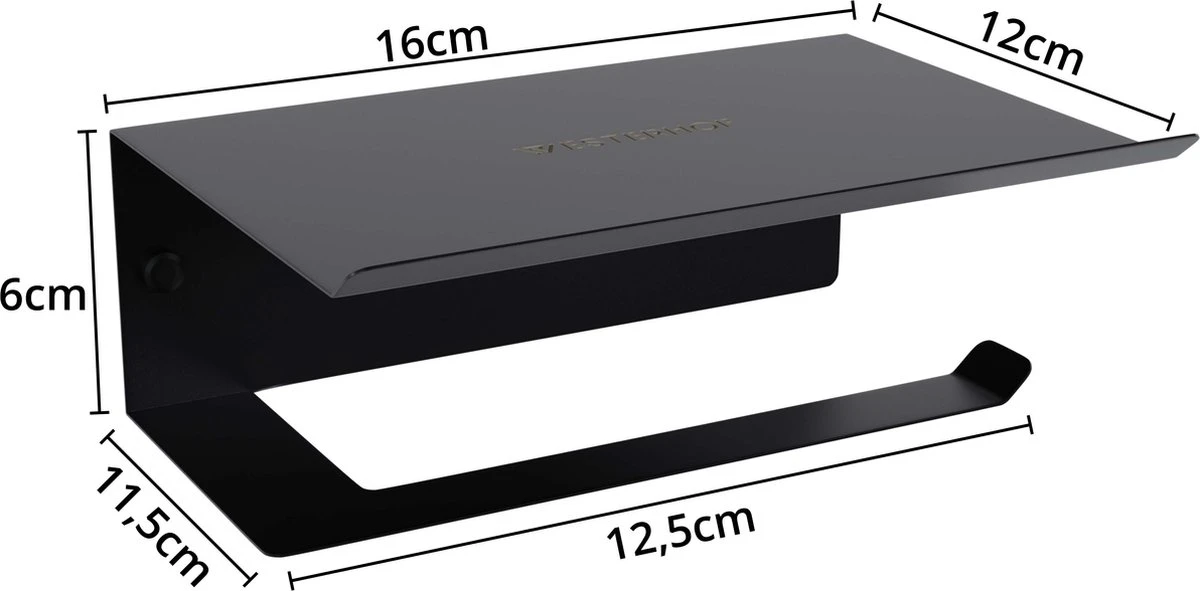 Westerhof Premium Wc Rolhouder Zwart Zonder Boren - Met Plankje - 3M Plakstrip En Schroef Set - Afbeelding 8