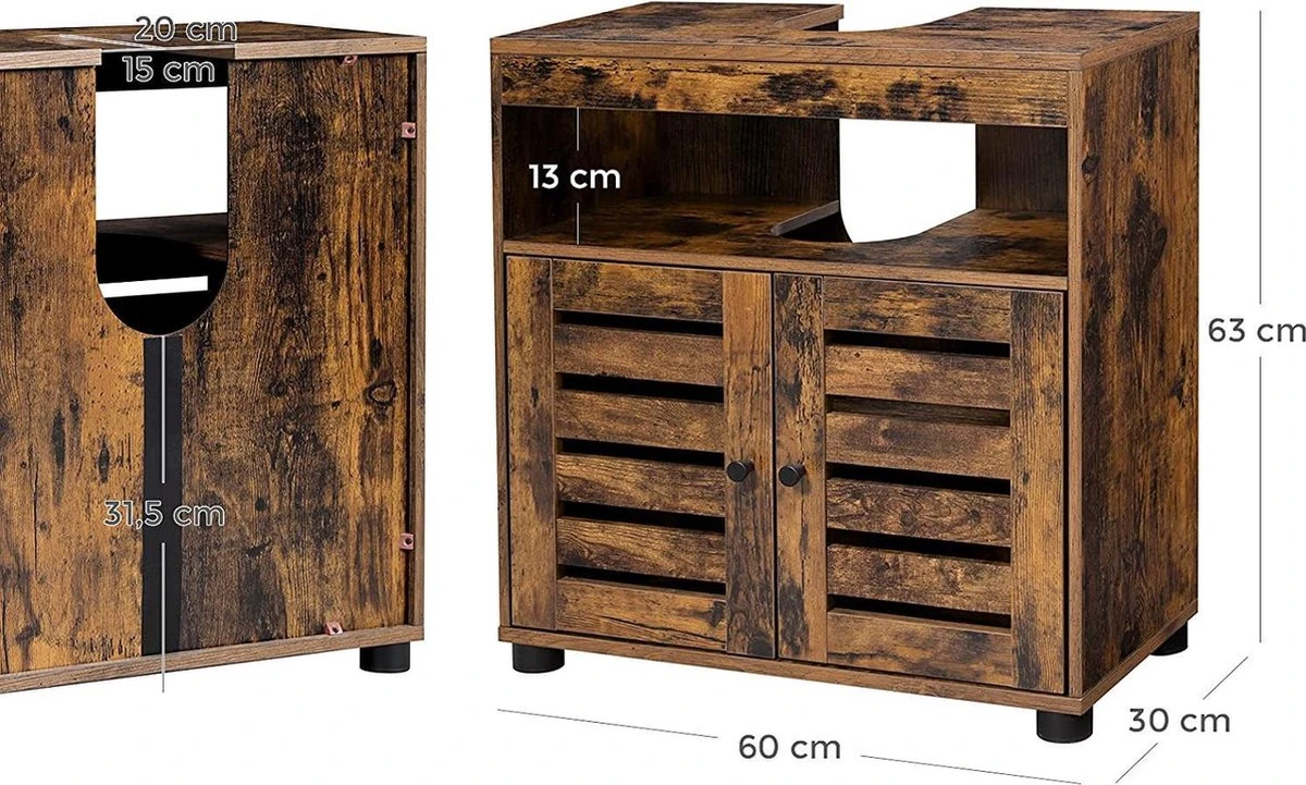 Nancy's Gaboury Badkamermeubel - Wastafelonderkast - Uitsparing - Open Vak - Openslaande Deuren - Industrieel - Bruin - Zwart - Bewerkt Hout - 60 X 30 X 63 Cm - Afbeelding 8