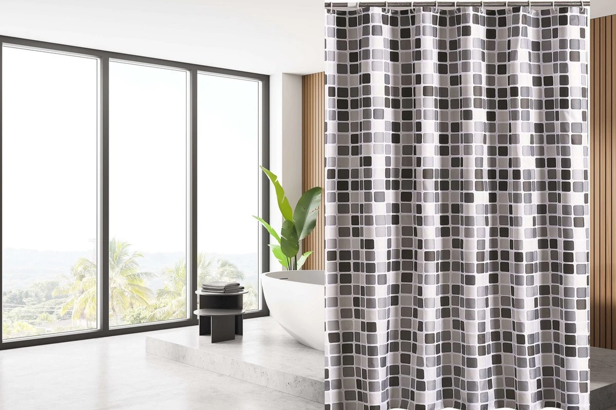 Su.B.dgn Douchegordijn 120x180 Anti Schimmel Polyester Badkamer Douchegordijn Wasbaar Met 12 Ringenl | Grijs Vierkant - Afbeelding 2