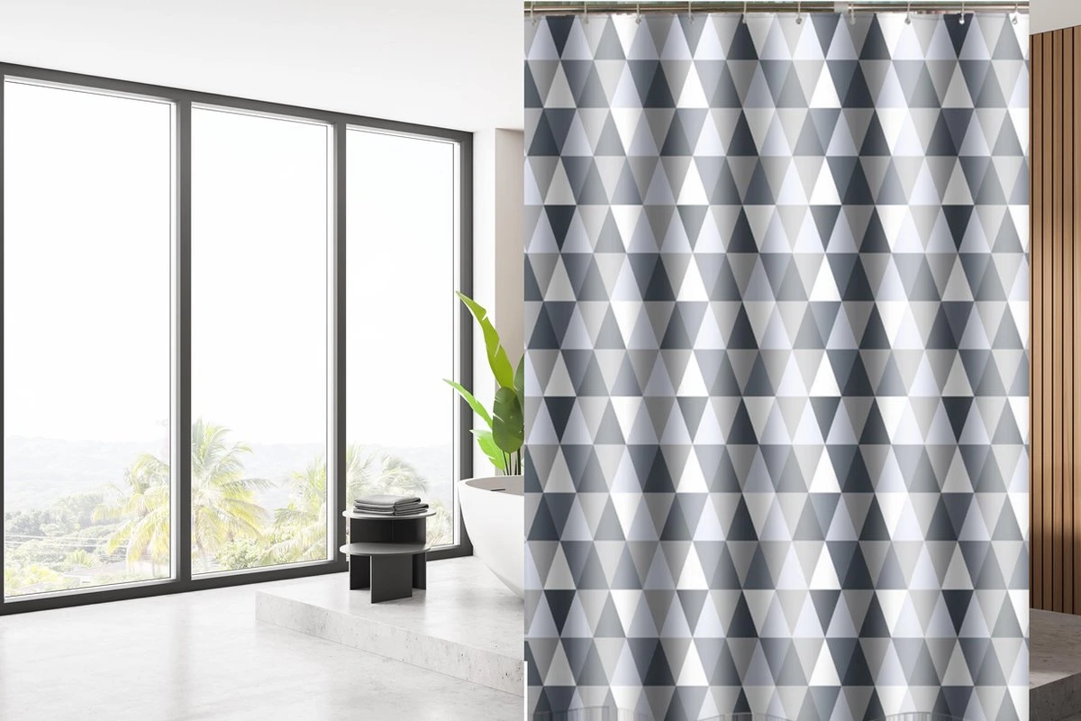 Su.B.dgn Douchegordijn 120x180 Anti Schimmel Polyester Badkamer Douchegordijn Wasbaar Met 12 Ringen | Grijs Driehoek - Afbeelding 2