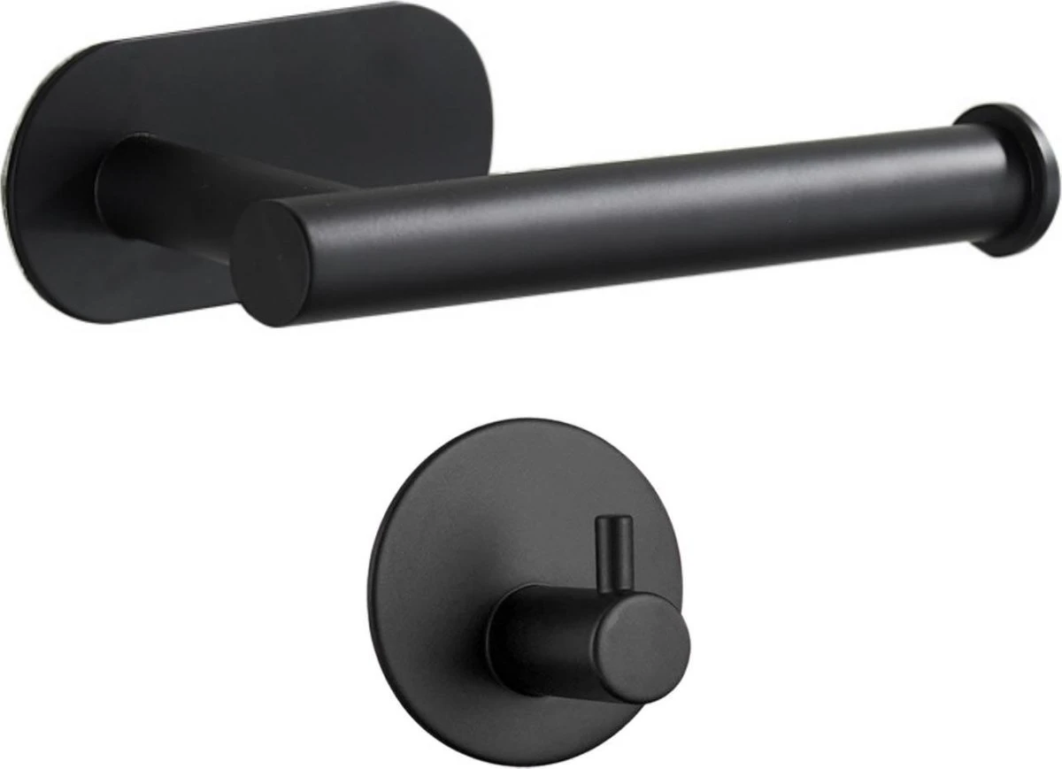 Toiletrolhouder Inclusief Handdoekhaak - Zonder Boren - Zelfklevend - Zwart - Staand