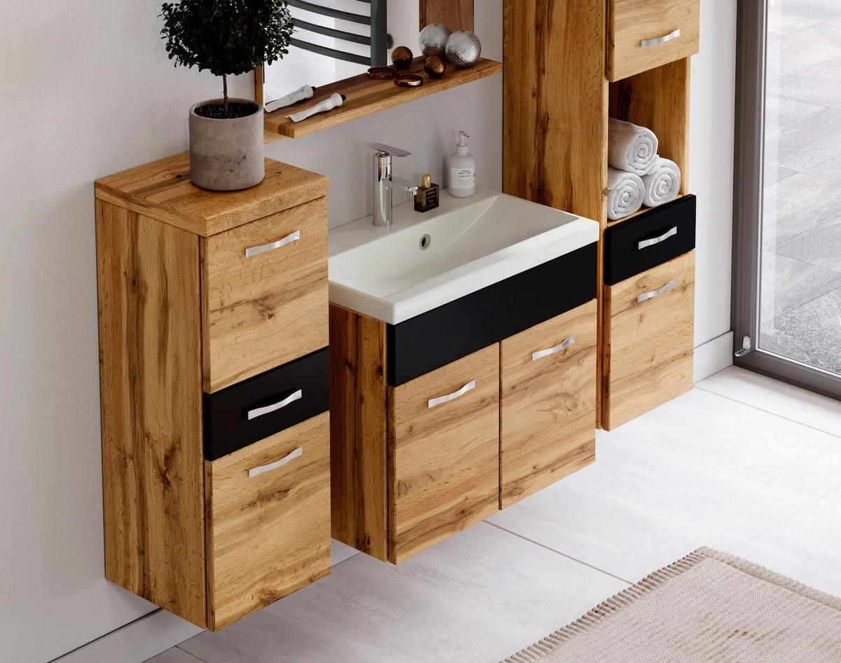 Badmeubelset Alba 60cm Zwart Met Eiken Compleet Badkamermeubel - Afbeelding 3