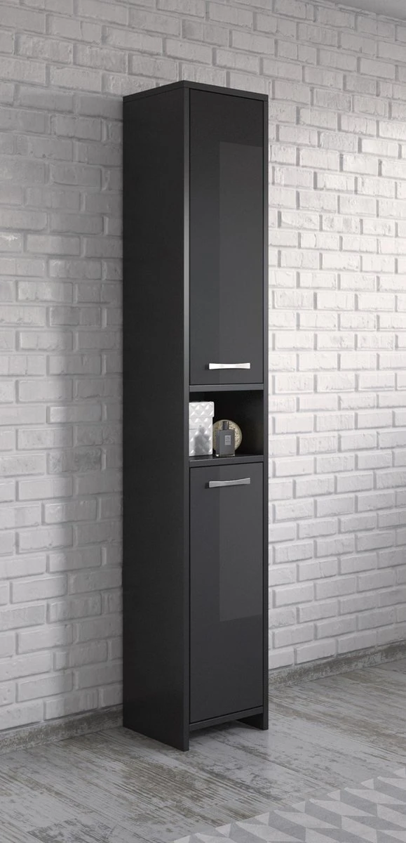 Badplaats Badkamerkast Nemo 32 Cm X 29 Cm X 167 Cm - Zwart Hoogglans - Staande Kolomkast Met Twee Deuren - Afbeelding 5