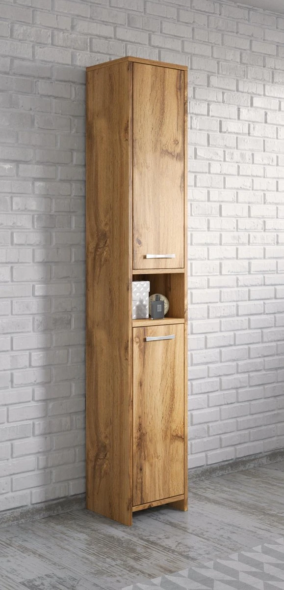 Badplaats Badkamerkast Nemo 32 Cm X 29 Cm X 167 Cm - Eiken - Staande Kolomkast Met Twee Deuren - Afbeelding 6