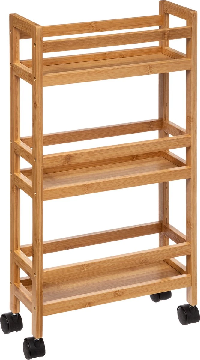 5Five Bamboe Badkamer Rek Extra Small Op Wielen - Staand Rek Met 3 Etages Voor In De Badkamer - Open Kastje Als Badkamerkast
