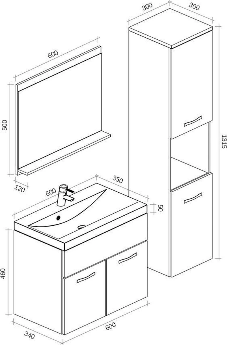 Badplaats Badkamermeubel Set Montreal 60 Cm X 35 Cm - Eiken - Badmeubel Met Spiegel En Zijkast - Afbeelding 3