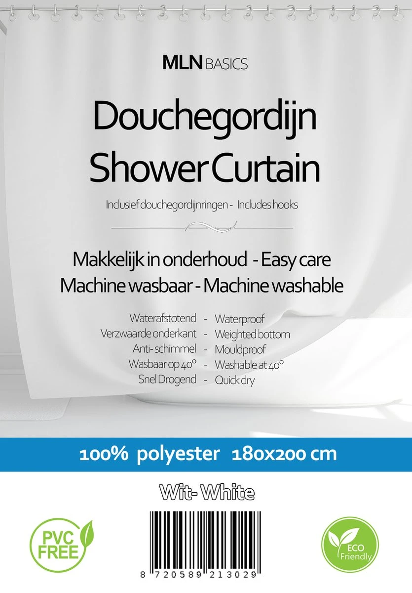 MLN Basics® Douchegordijn | Wit | 180x200 Cm | Inclusief Ringen | Anti-schimmel - Afbeelding 2