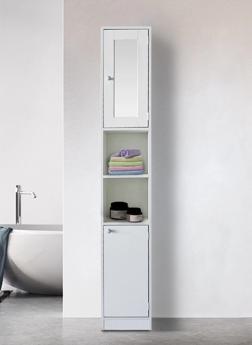 Kolomkast - Opbergkast Badkamer Of Hal - Met Spiegel - 180 Cm Hoog - Wit - Afbeelding 4