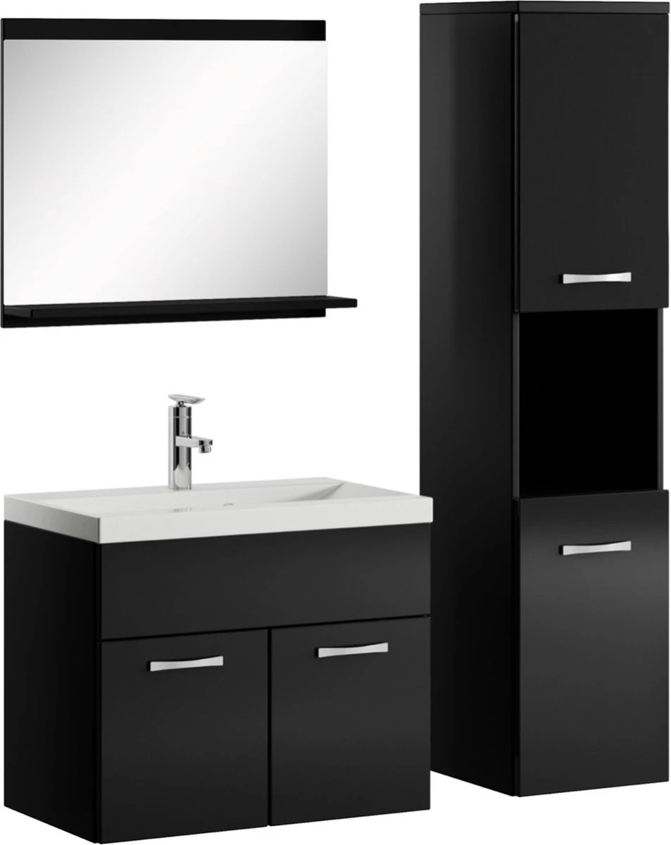 Badplaats Badkamermeubel Set Montreal 60 Cm X 35 Cm - Zwart Hoogglans - Badmeubel Met Spiegel En Zijkast