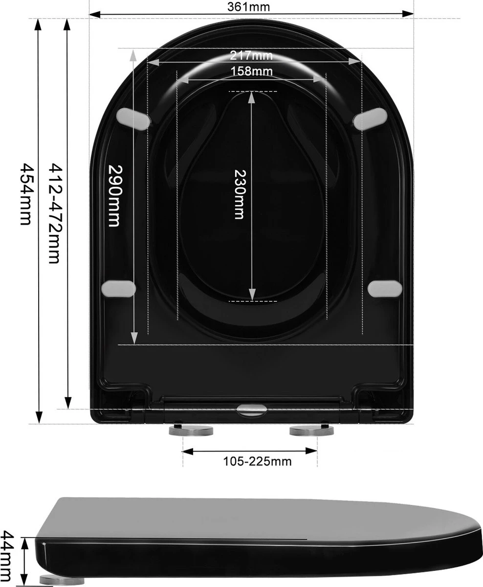 Kamyra® Antibacteriële Toiletbril Met Verkleiner & Softclose - Voor Volwassenen/Kinderen - Toiletbrillen, WC Bril, Brillen, Toiletzitting - D-Vorm - 45.4x36.1 Cm - Zwart - Afbeelding 2